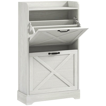 HOMCOM Slim Shoe Storage Cabinet, Farmhouse Shoe Cabinet with 2 Flip Drawers, Adjustable Shelves for 8 Pairs, Distressed White