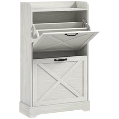 HOMCOM Slim Shoe Storage Cabinet, Farmhouse Shoe Cabinet with 2 Flip Drawers, Adjustable Shelves for 8 Pairs, Distressed White