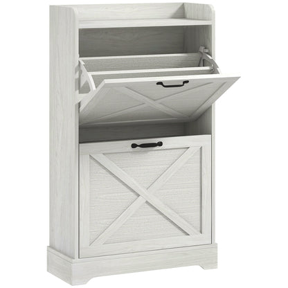 HOMCOM Slim Shoe Storage Cabinet, Farmhouse Shoe Cabinet with 2 Flip Drawers, Adjustable Shelves for 8 Pairs, Distressed White