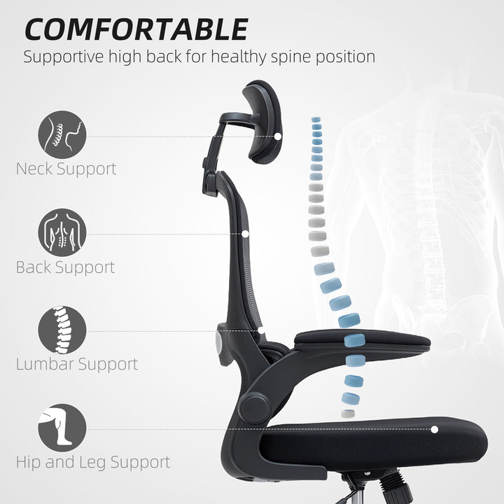 HOMCOM Ergonomic Mesh Office Chair, High Back Desk Chair with Rotatable Headrest, Flip-Up Armrests, Lumbar Support, Grey