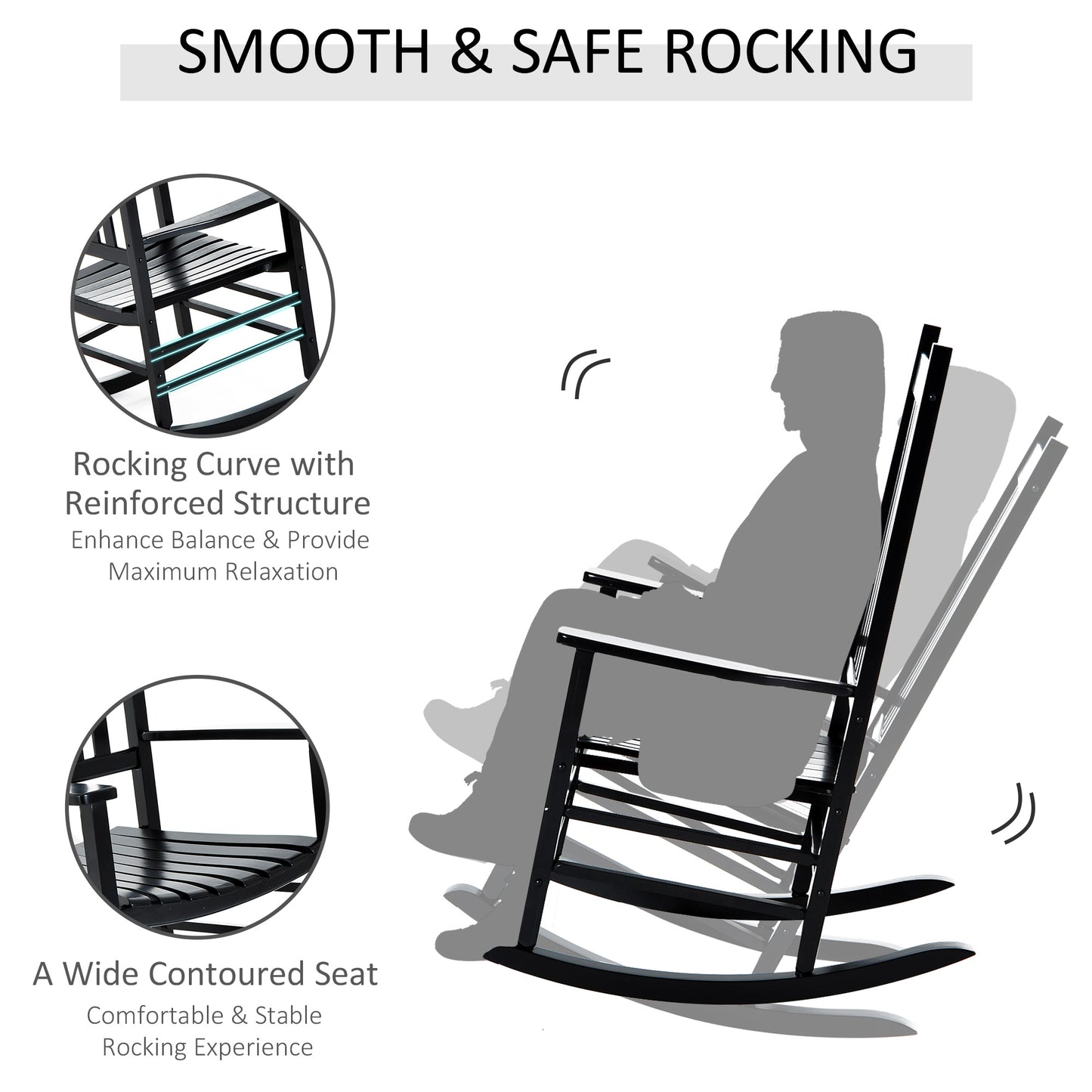 Outsunny Wooden Porch Rocking Chair Outdoor Patio Rocker Garden Single Leisure Reclining Seat Armchair Black