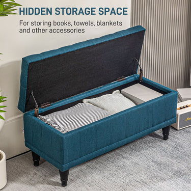 HOMCOM Storage Ottoman, Linen Fabric End of Bed Bench with Button Tufted Storage Bench for Bedroom, Blue