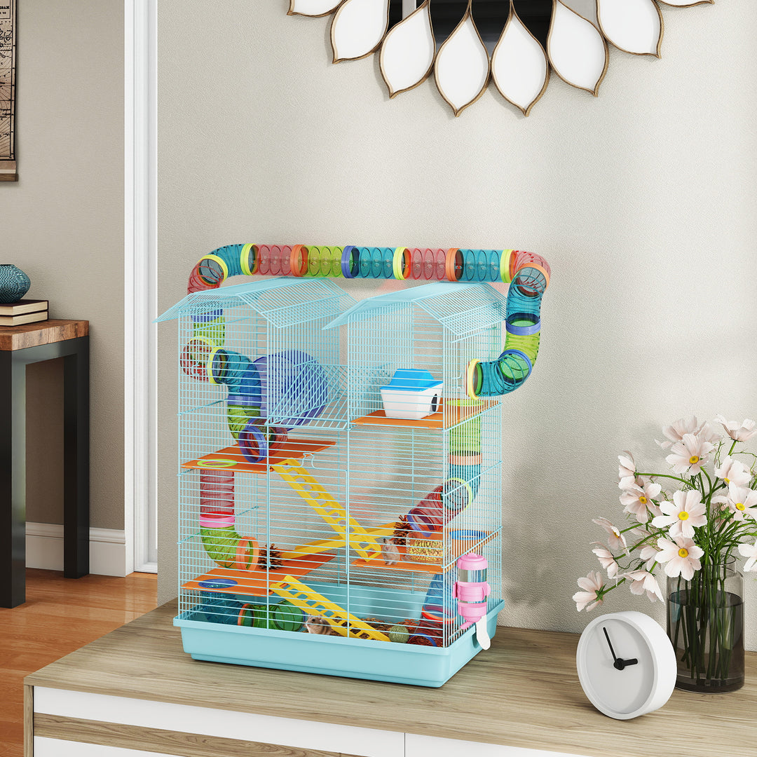 PawHut 18.5" Hamster Cage, 5 Tiers Small Animal House with Tunnel Tube System, Exercise Wheel, Water Bottle, Blue