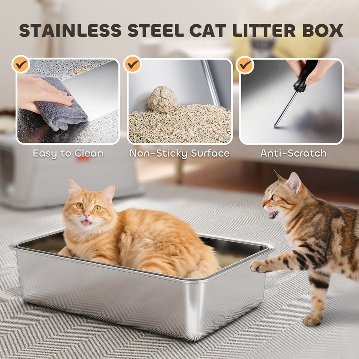 PawHut XL Stainless Steel Cat Litter Box, Kitty Litter Box with Flip Cover, Pedal, Deodorizer, for Big Cats