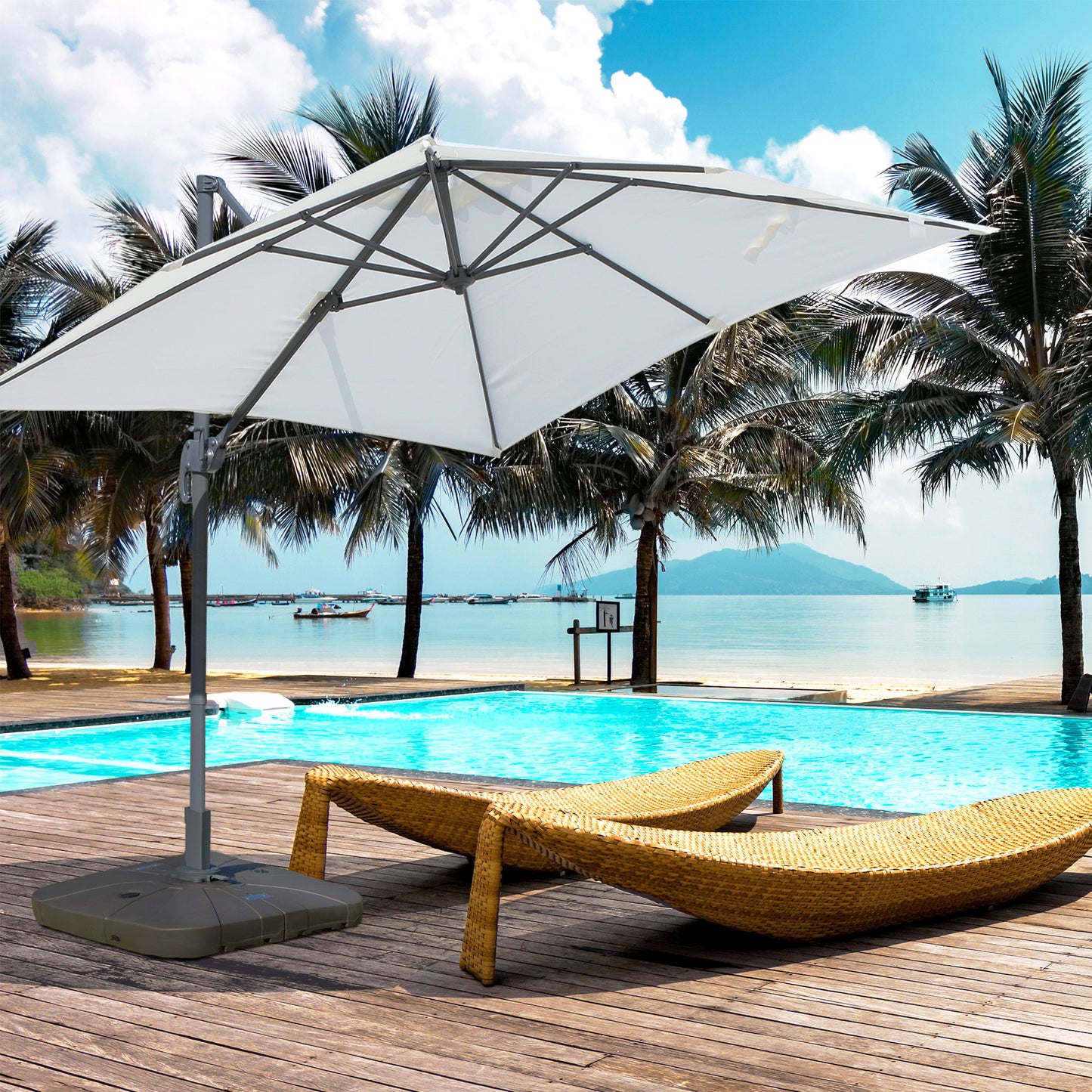 Outsunny Square Cantilever Patio Umbrella Base Water or Sand Filled with Wheels Crossbar Heavy-Duty Umbrella Stand Coffee