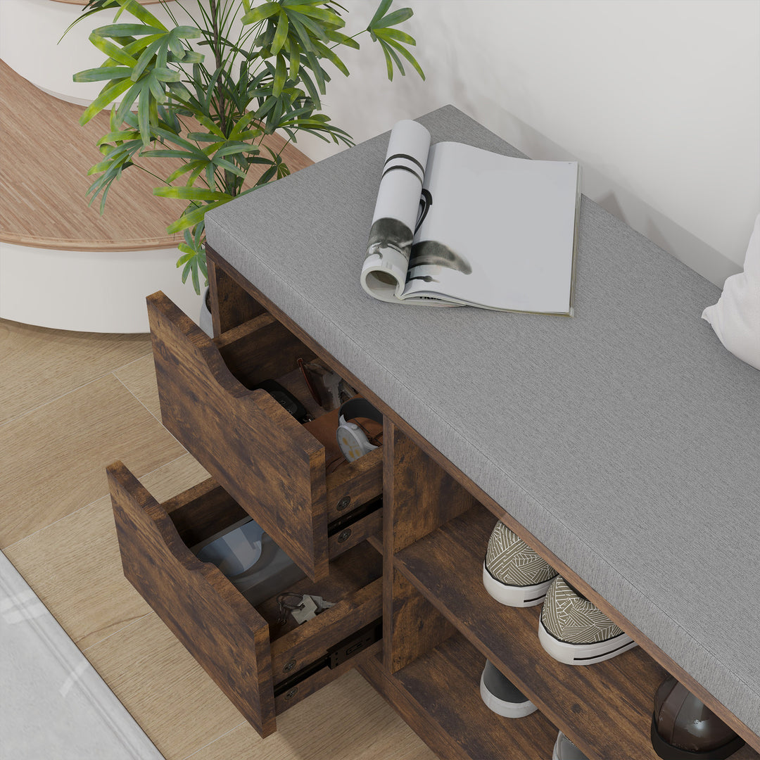 HOMCOM Upholstered Shoe Storage Bench w/ Seat, Entrance Bench w/ Drawer Open Shelves and Pocket for Hallway, White