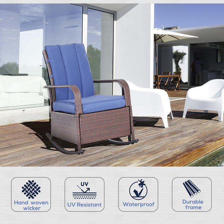 Outsunny Outdoor Wicker Rocking Chair with Cushion, Patio PE Rattan Recliner Chair with Adjustable Footrest, Armrests, Dark Blue