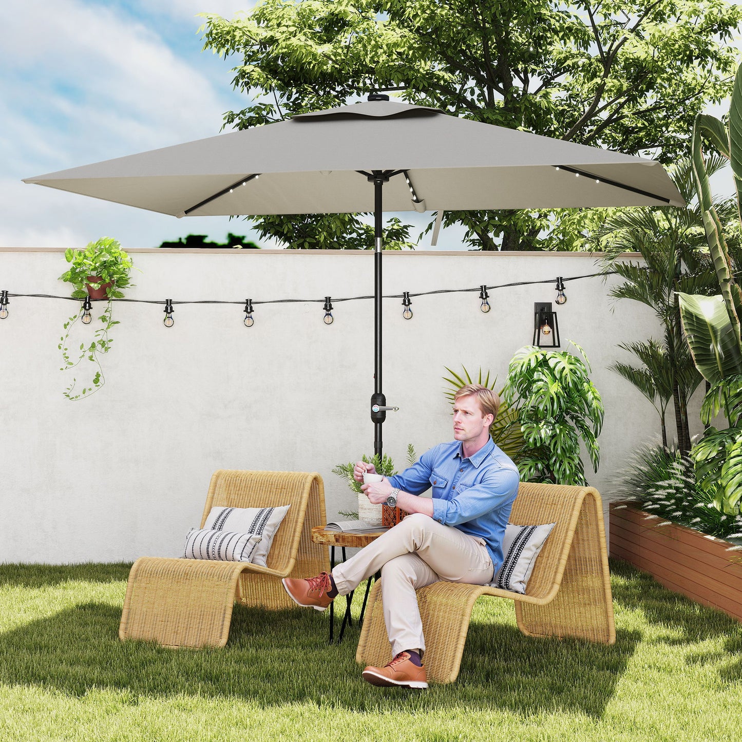 Outsunny 6' x 10' Patio Umbrella with 22 LED Solar Lights and Tilt, Rectangular Outdoor Table Umbrella with Crank, Beige
