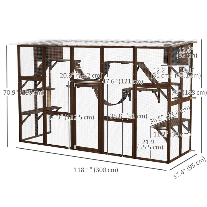 PawHut Large Outdoor Catio with Condos, Platforms, Doors, Ladders, Weather-Resistant Roof, Espresso