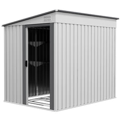 Outsunny 5'x7' Lean to Galvanized Metal Shed with Foundation, Garden Tool Storage House with Sliding Door and 2 Vents, White
