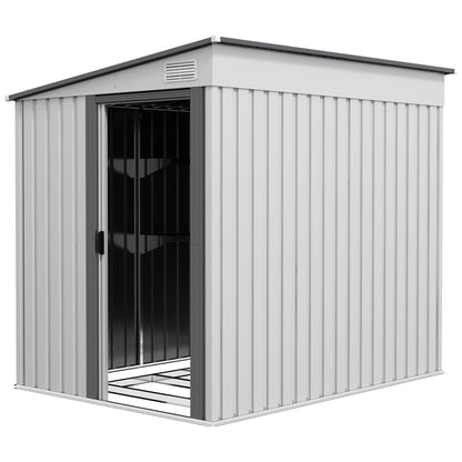 Outsunny 5'x7' Lean to Galvanized Metal Shed with Foundation, Garden Tool Storage House with Sliding Door and 2 Vents, White
