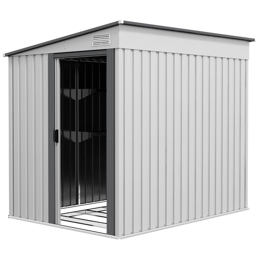 Outsunny 5'x7' Lean to Galvanized Metal Shed with Foundation, Garden Tool Storage House with Sliding Door and 2 Vents, White