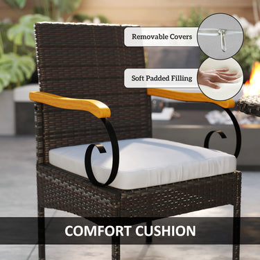 Outsunny Set of 2 Rattan Outdoor Dining Chairs, Wicker Patio Chairs with Removable Cushion, Acacia Wood Armrests, Light Grey