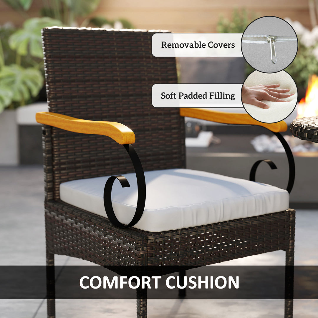 Outsunny Set of 2 Rattan Outdoor Dining Chairs, Wicker Patio Chairs with Removable Cushion, Acacia Wood Armrests, Light Grey