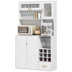 HOMCOM Coffee Bar Cabinet, Kitchen Hutch with Wine Storage, Microwave Countertop, Drawer and Tempered Glass Doors, White