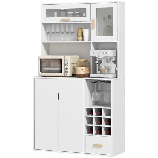 HOMCOM Coffee Bar Cabinet, Kitchen Hutch with Wine Storage, Microwave Countertop, Drawer and Tempered Glass Doors, White