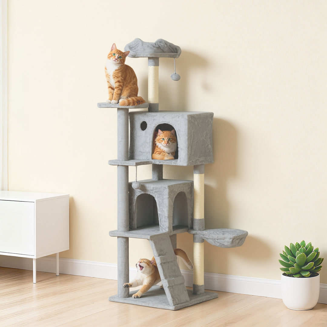 PawHut 63 Inch Cat Tree with Sisal Scratching Posts, Condos, Plush Perches, Hammock, Ladder, Dangling Balls, Pink
