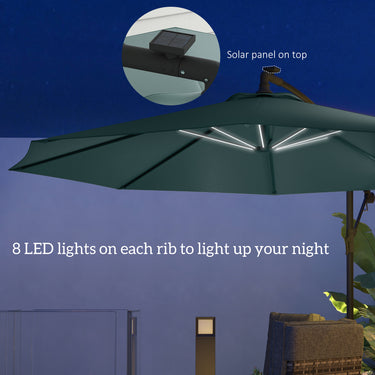 Outsunny 10ft Outdoor Cantilever Hanging Offset Umbrella with Solar LED Lights, Crank, Cross Base, Aluminum Frame, Green