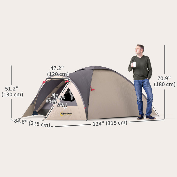 Outsunny 3 Person Camping Tent, Waterproof Family Dome Tent with Bedroom, Porch, Sewn-in Groundsheet and Hook, Khaki