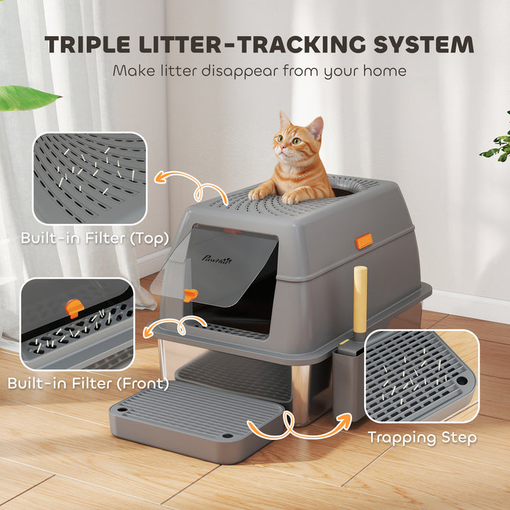 PawHut XL Stainless Steel Cat Litter Box, 80L Kitty Litter Box with Front/Top Entry, Trapping Step, Scoop, for Large Big Cats