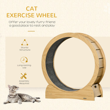 PawHut Cat Running Wheel, Cat Exercise Treadmill with Brake, Carpeted Runaway, Pet Fitness Weight Loss Device, Natural