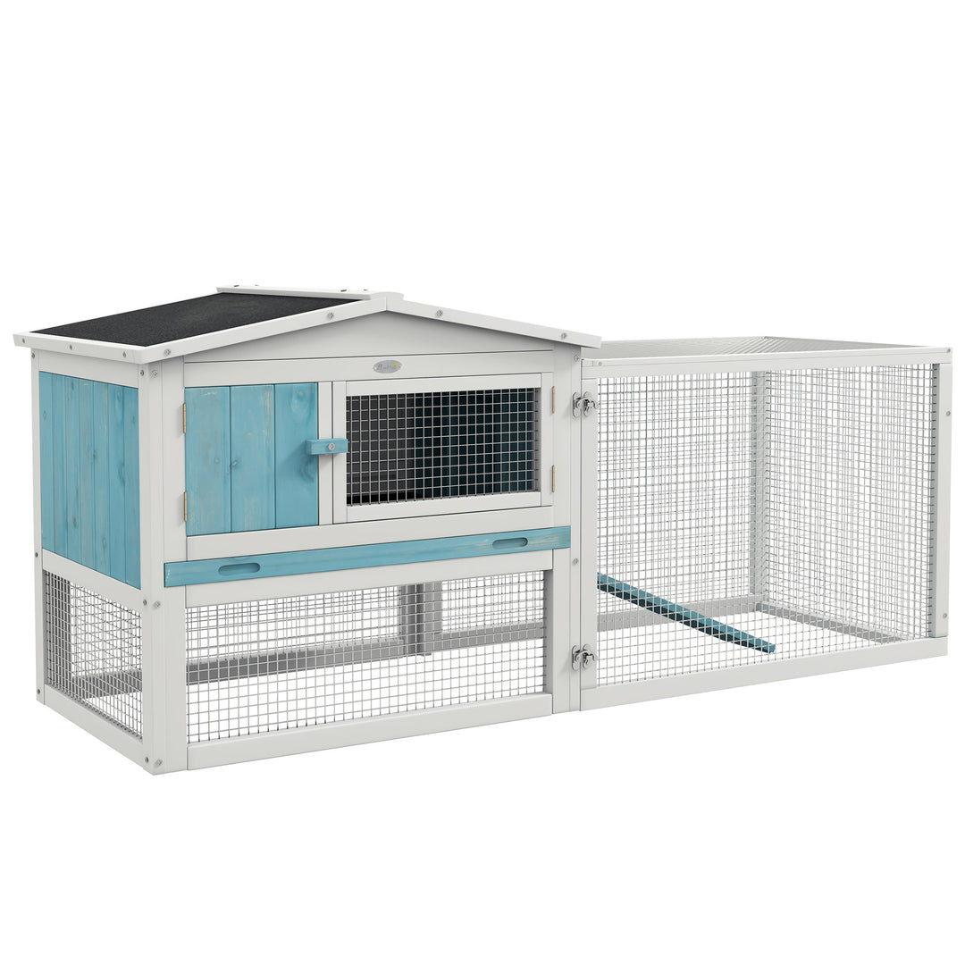 PawHut Wooden Rabbit Hutch Guinea Pig House with Removable Tray, Openable Roof, Trough, Run for Tortoises and Ferrets, Grey