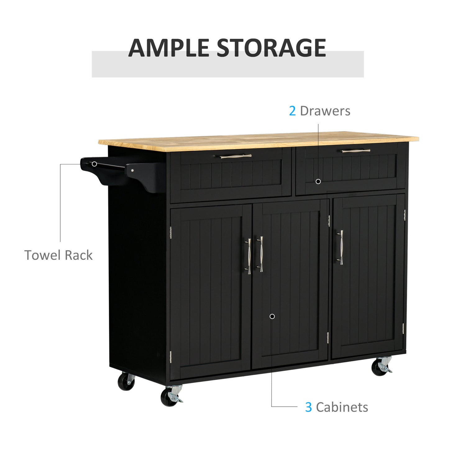 HOMCOM Modern Kitchen Island, Utility Kitchen Serving Cart with 2 Storage Drawers & Cabinets for Dining Room, Black