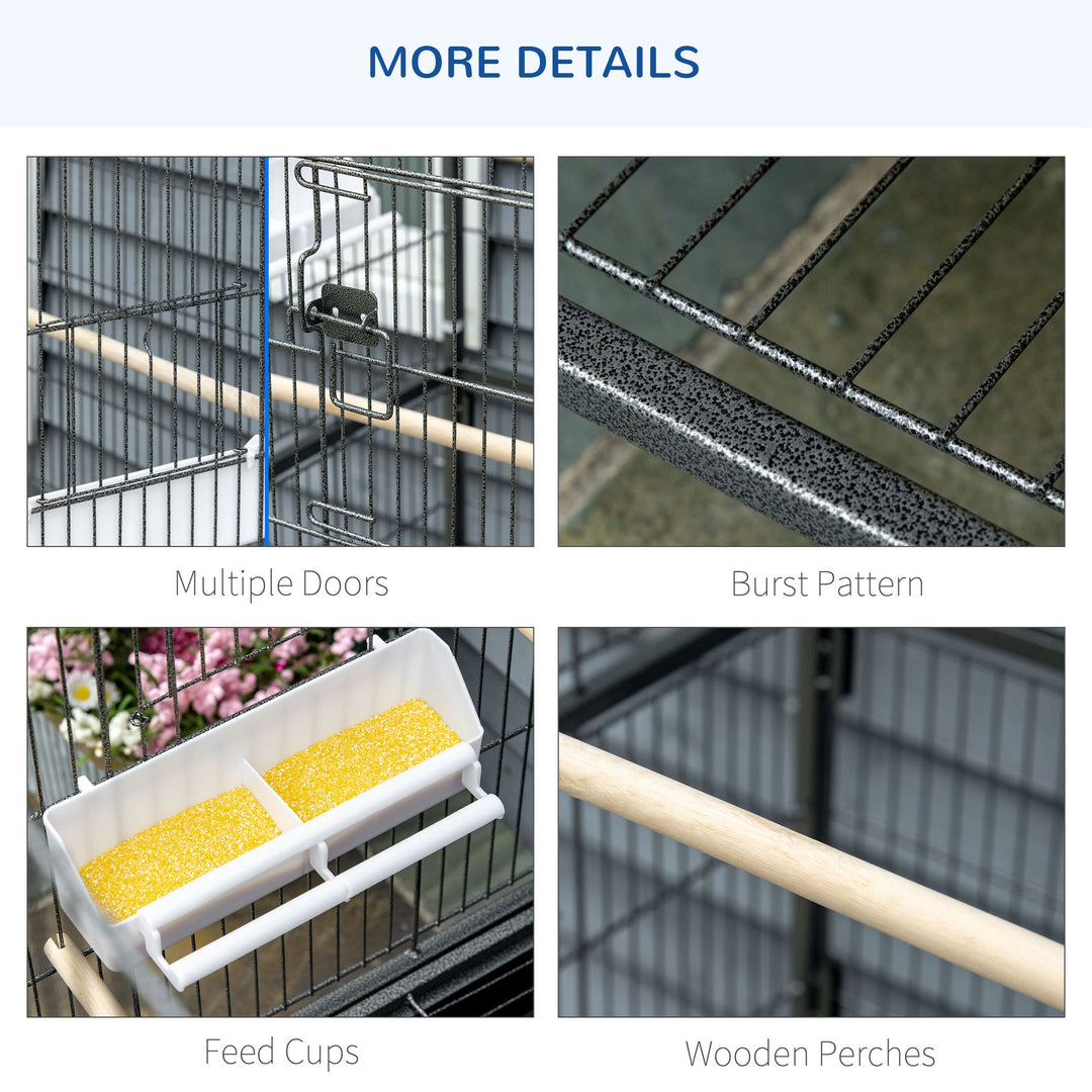 PawHut 52'' Large Rolling Steel Bird Cage Bird House with Rolling Stand, Storage Shelf, Wood Perch, Food Container, Dark Grey