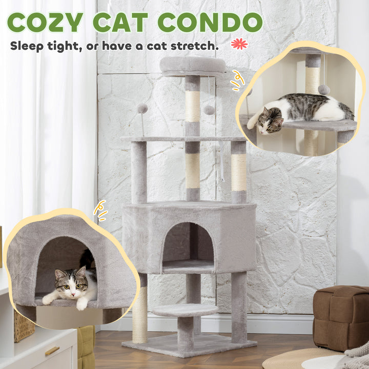 PawHut 54 Inch Cat Tree with Large Condo, Top Perch, Sisal Scratching Posts, Dangling Toy Ball,Light Grey