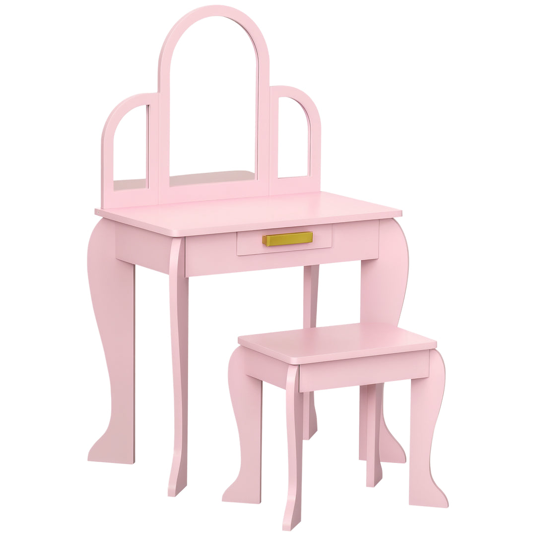 Qaba Kids Dressing Table and Chair Set, Girls Dressing Set, Makeup Desk with Drawer for 3-6 Years Old Kids, Pink