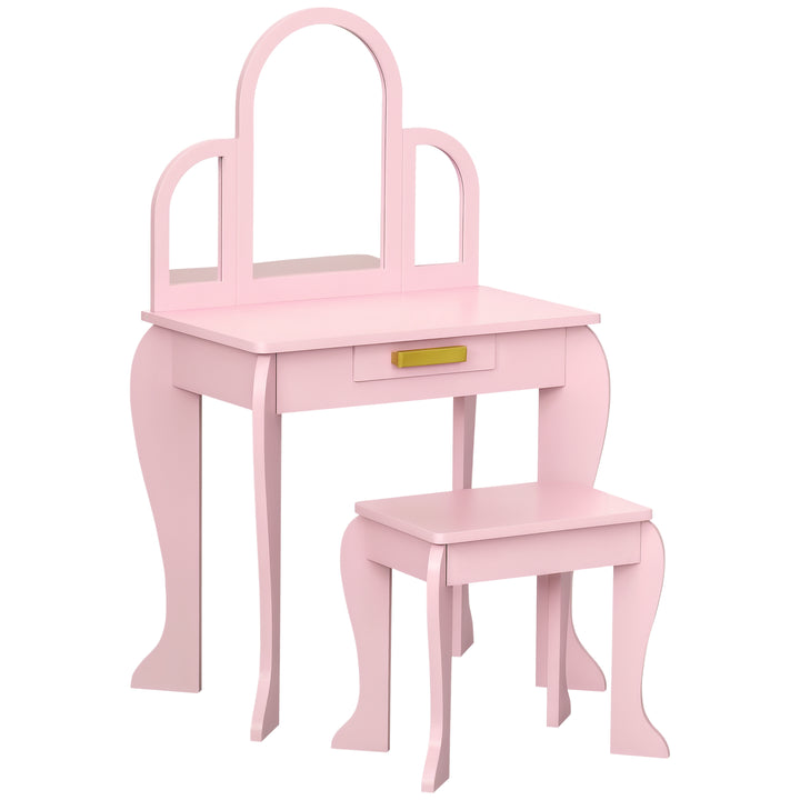 Qaba Kids Dressing Table and Chair Set, Girls Dressing Set, Makeup Desk with Drawer for 3-6 Years Old Kids, Pink