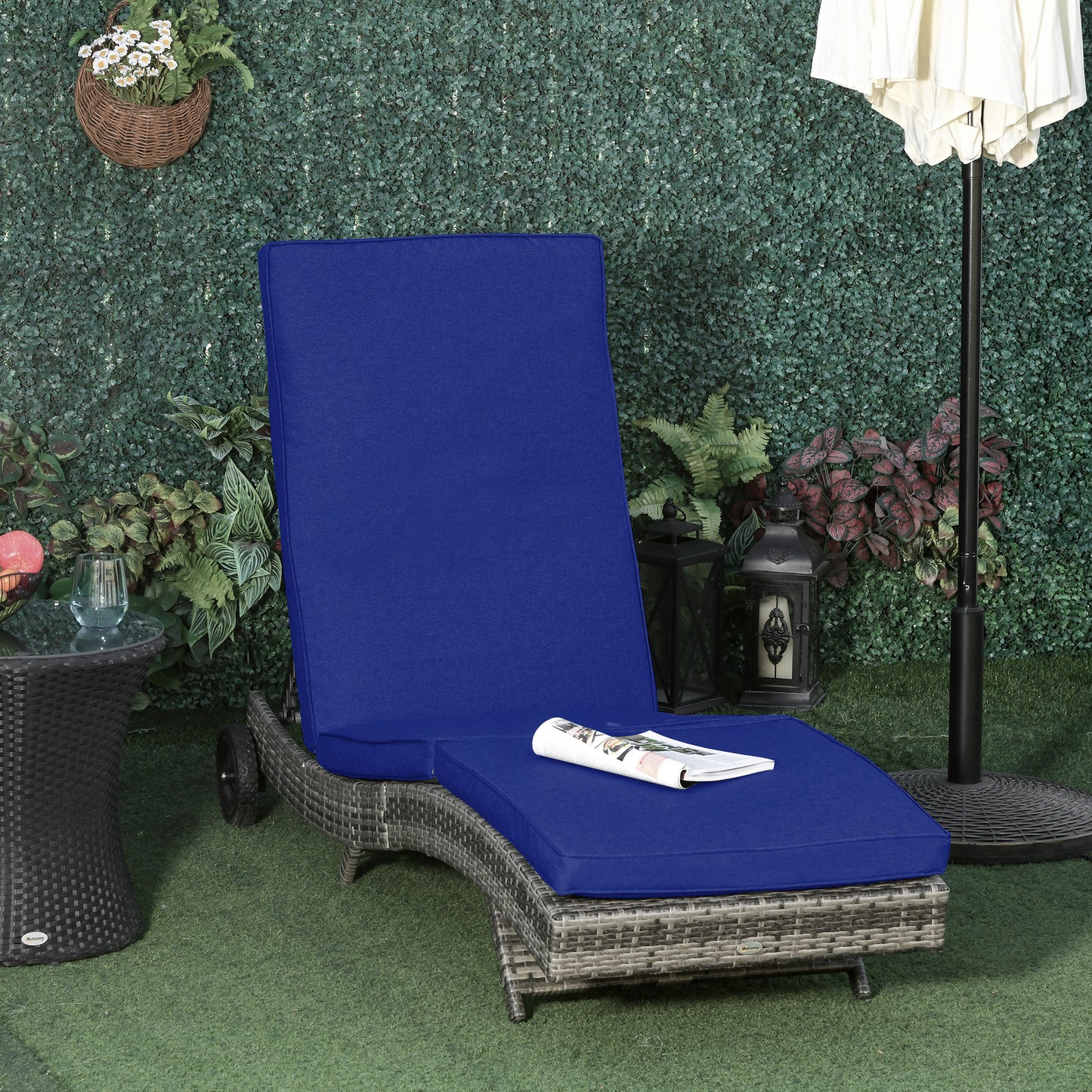 Outsunny Outdoor Adjustable Wicker Chaise Lounge Chair with Cushion & Wheels for Patio, Deck, Poolside, Sky Blue