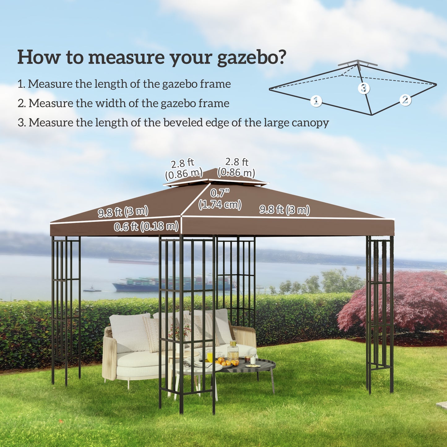 Outsunny 10' x 10' Square 2-Tier Gazebo Canopy Replacement Top Cover Outdoor Garden Sun Shade, Charcoal Grey