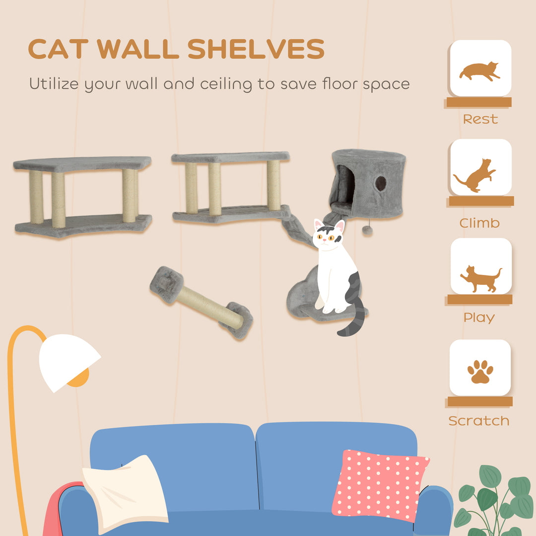 PawHut Wall Mounted Cat Shelves with Scratching Post, Ladder, Condo, Jumping Platforms, Light Grey