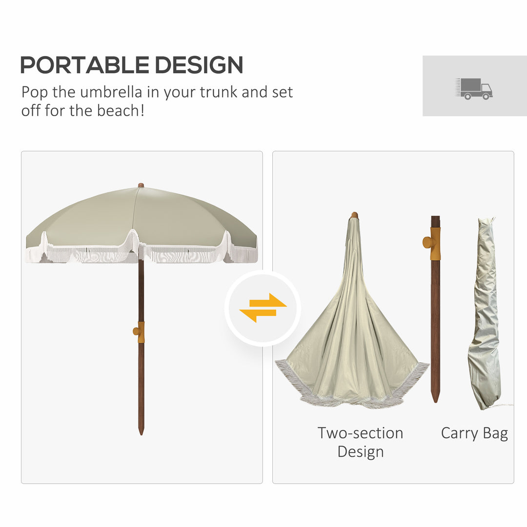 Outsunny 6.2' Beach Umbrella for Travel, Vent, Ruffles, Carry Bag, Portable Outdoor Umbrella for Garden, Light Grey
