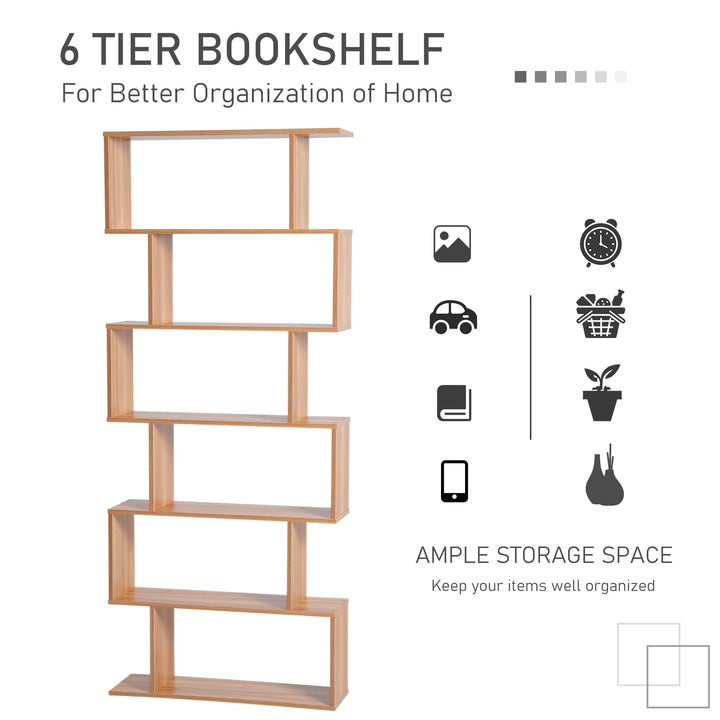 HOMCOM 76" 6-Tier Geometric Wooden Bookcase S Shaped Storage Display Bookshelf Modern shelf Open Concept Living Room Home Office Furniture, Maple