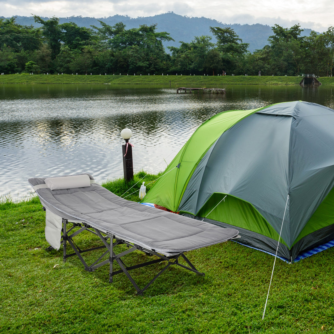 Outsunny Folding Camping Cot with Mattress & Pillow, Double Layer Oxford Heavy Duty Sleeping Cot with Carry Bag Light Grey