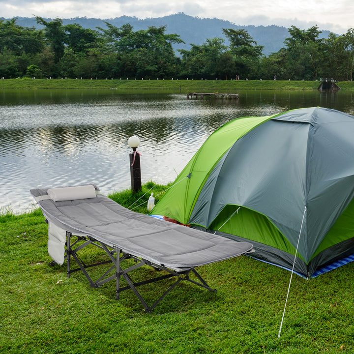 Outsunny Folding Camping Cot with Mattress & Pillow, Double Layer Oxford Heavy Duty Sleeping Cot with Carry Bag Light Grey
