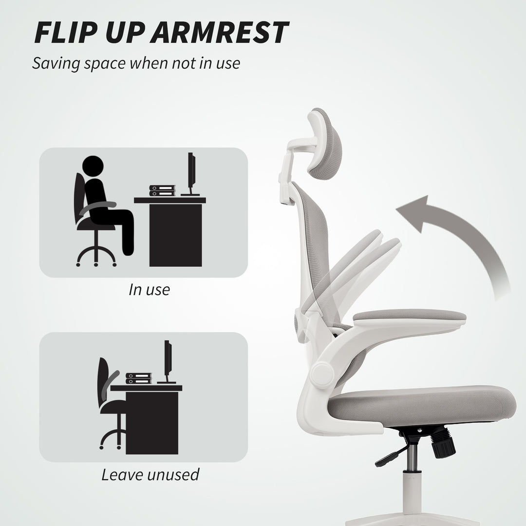 HOMCOM Ergonomic Mesh Office Chair, High Back Desk Chair with Rotatable Headrest, Flip-Up Armrests, Lumbar Support, Grey