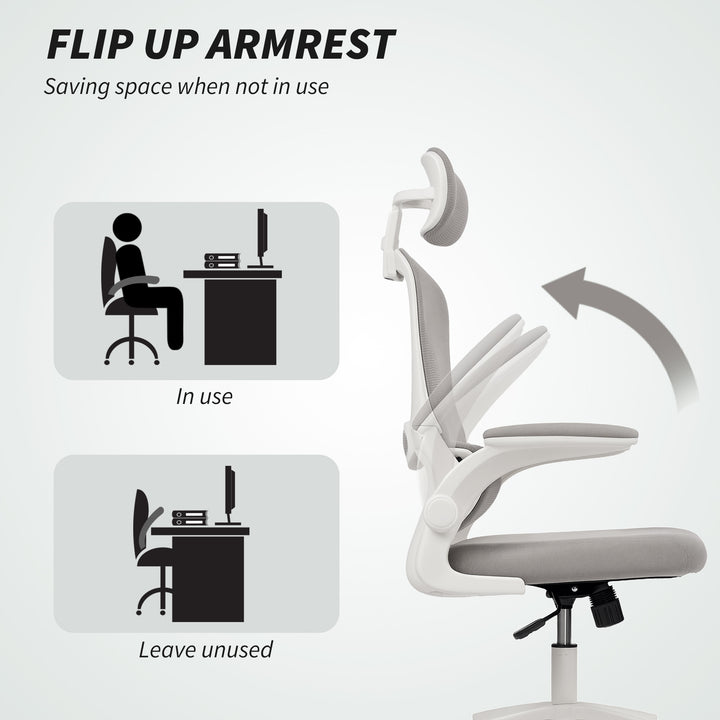 HOMCOM Ergonomic Mesh Office Chair, High Back Desk Chair with Rotatable Headrest, Flip-Up Armrests, Lumbar Support, Grey