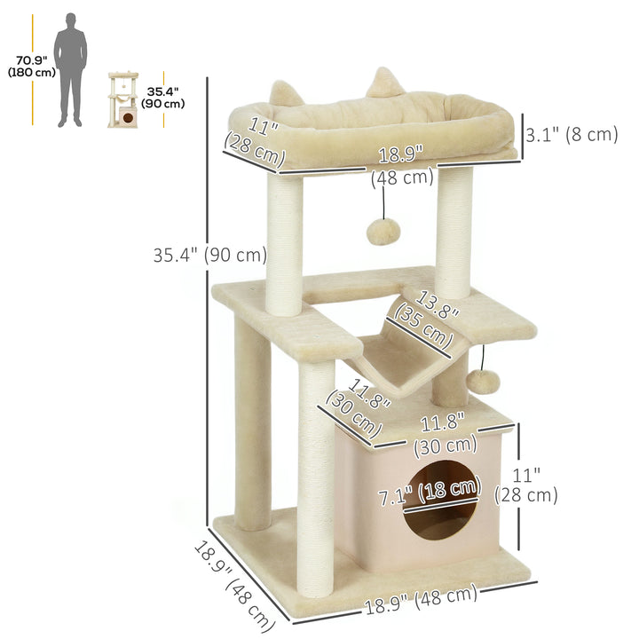 PawHut 39.25'' Cat Tree Tower Multi-Level Kitten House with Scratching Post Condo Hammock Bed Ball Toy - Grey