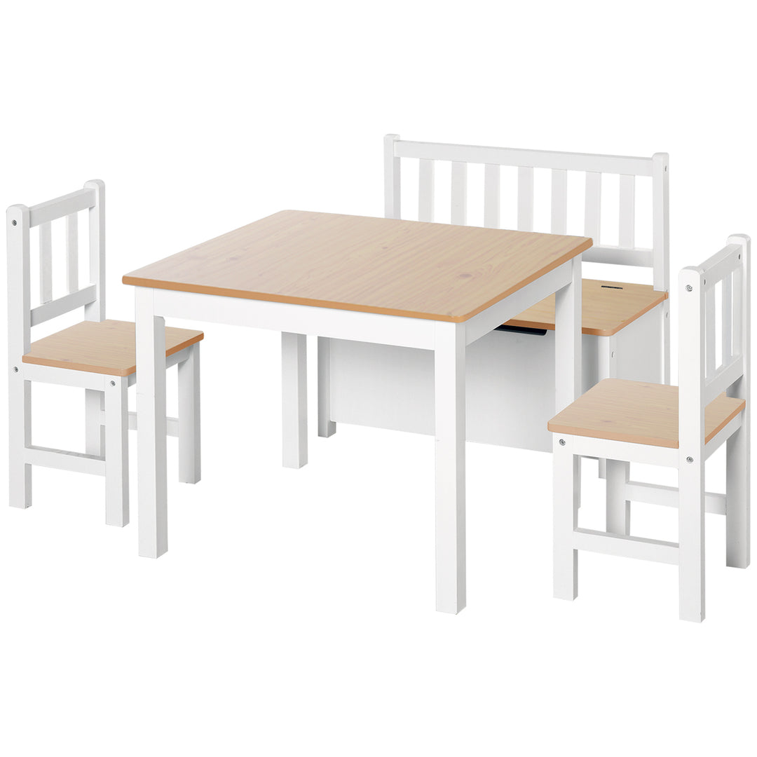 Qaba 4-Piece Set Kids Wood Table Chair Bench with Storage Function Gift for Toddlers