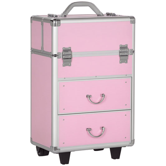 HOMCOM Rolling Makeup Train Case, Large Storage Cosmetic Trolley, Lockable Traveling Cart Trunk with Folding Trays, Swivel Wheels