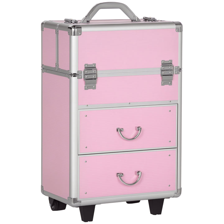 HOMCOM Rolling Makeup Case, Large Storage Cosmetic Trolley, Lockable Traveling Cart Trunk with Folding Trays, Swivel Wheels