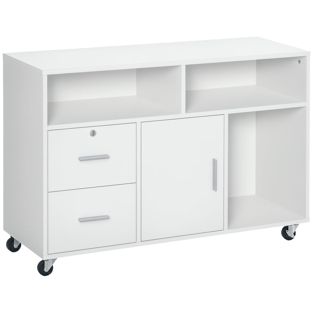 HOMCOM Lateral Filing Cabinet with Open Storage Shelf, Printer Stand Home Office Mobile File Cabinet with Wheels, Lockable Drawer, White