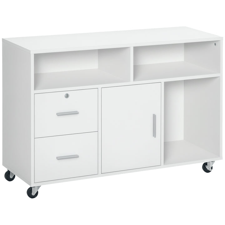 HOMCOM Lateral Filing Cabinet with Open Storage Shelf, Printer Stand Home Office Mobile File Cabinet with Wheels, Lockable Drawer, White