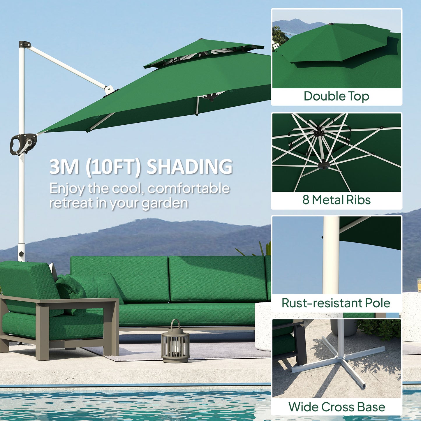 Outsunny 10 FT Cantilever Patio Umbrella with 360Â° Rotation & Adjustable Height, Cross Base, Crank and Tilt, Dark Green