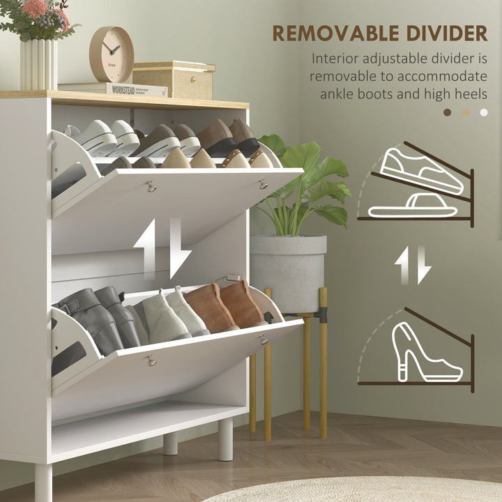 HOMCOM 2 Drawers Shoe Storage Cabinet with Adjustable Shelves for 16 Pairs of Shoes, White