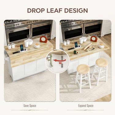 HOMCOM Kitchen Island on Wheels with Wood Drop Leaf, Charging Station, Rolling Kitchen Cart with Adjustable Shelf, White