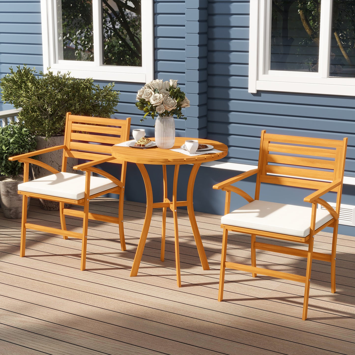 Outsunny 3 Piece Patio Set, Small Patio Table and Chairs, Wooden Outdoor Bistro Set w/ Cushions, Round Coffee Table, Brown